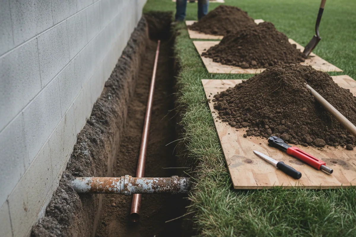 Excavated water line trench during Water Softener Installation in Roca